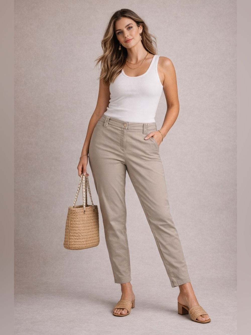 Cache Embellished Ankle Zip Pants Tan Studded Belt Detail Stretch Straight Leg 8